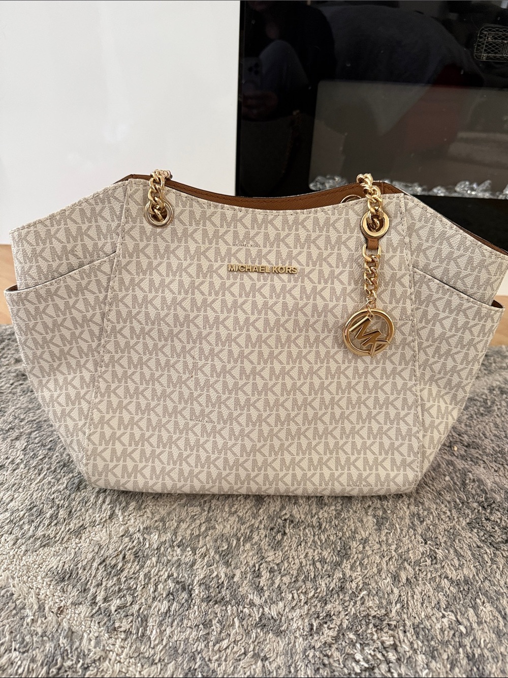 Michael Kors Beige Monogram Chain-Accent Tote